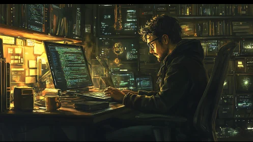 Night coder at multi-monitor workstation in warm low-key lighting