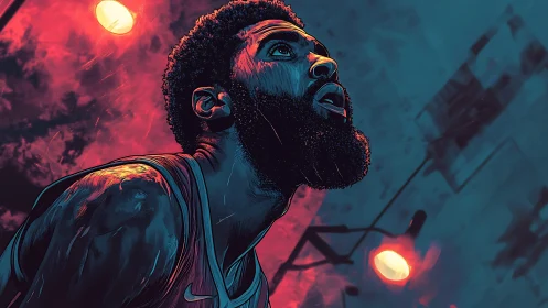 Electric night basketball portrait glows under neon sky.
