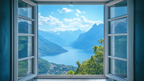 Open casement window framing glacial lake and ridgeline panorama.