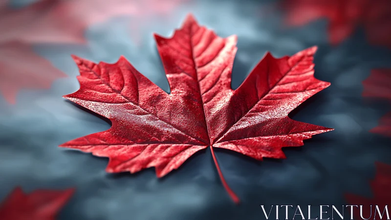 Scarlet maple leaf glows like polished glass on cool mist