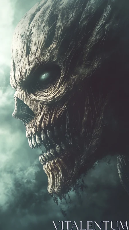 Brooding skeletal giant emerging from swirling storm clouds.