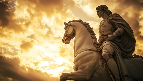 Equestrian marble statue under dramatic golden sunset sky.