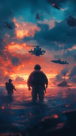 Futuristic seaborne assault at dusk with soldiers and gunships.