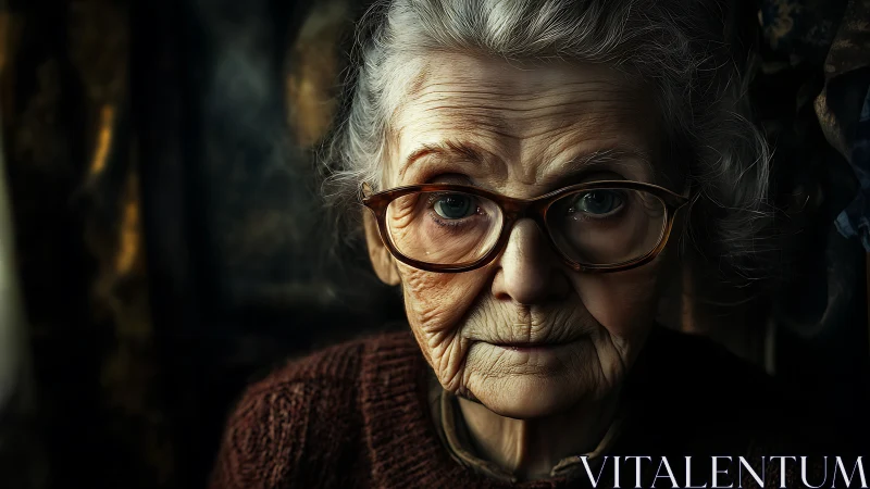 Elderly woman portrait with dramatic chiaroscuro lighting.