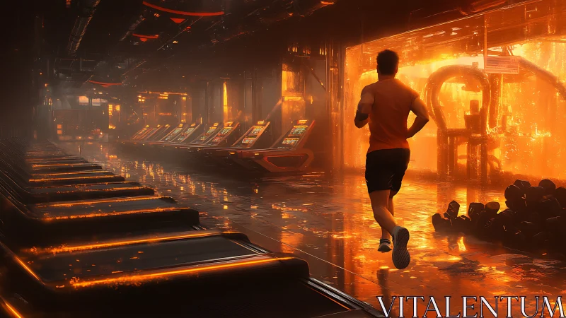 Man runs on treadmill in futuristic gym with orange lighting