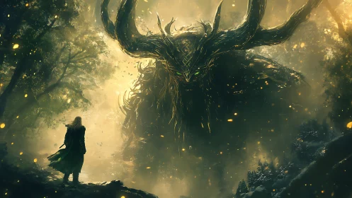 Forest guardian titan confronts lone cloaked wanderer.