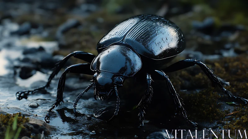 Midnight beetle strides across a glistening forest stream.