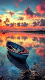 Solitary blue skiff cradles the sky’s blazing watercolor dawn