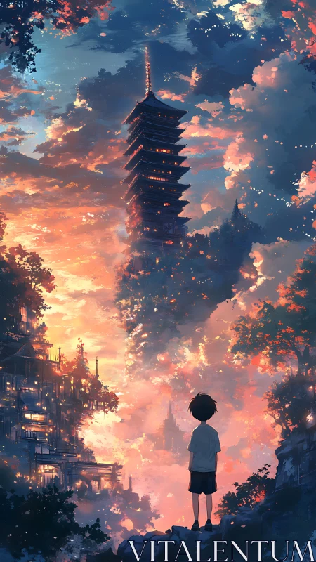 Boy gazes at floating pagoda amid blazing dreamlike sunset