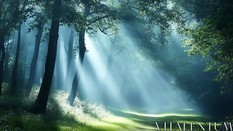 Sunbeams Filtering Through Lush Green Forest in Morning Light.