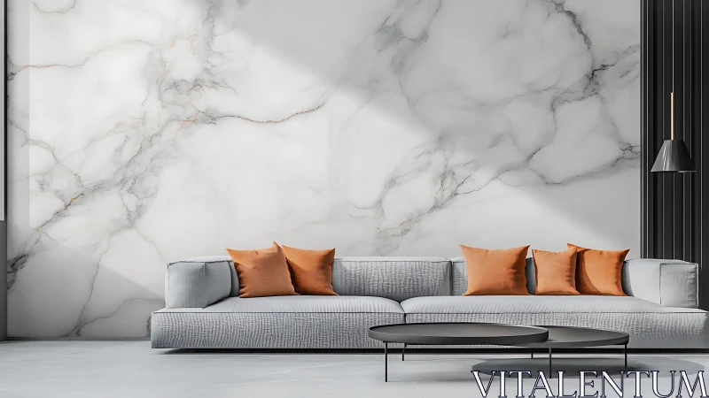 Marble-cloud lounge with ember cushions and shadowed calm.