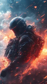 Armored assault trooper in inferno turbulence, dynamic bokeh