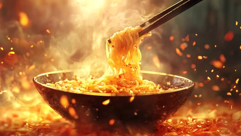 Golden Noodles Lifted from Fiery Wok Bowl.