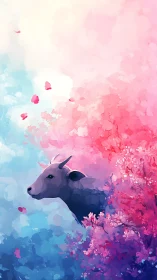 Pastel twilight lets a quiet cow drift through cherry clouds