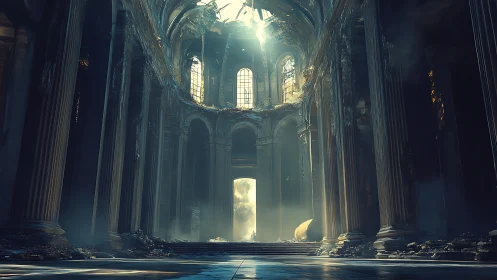 Ruined cathedral interior shows tall columns and harsh light
