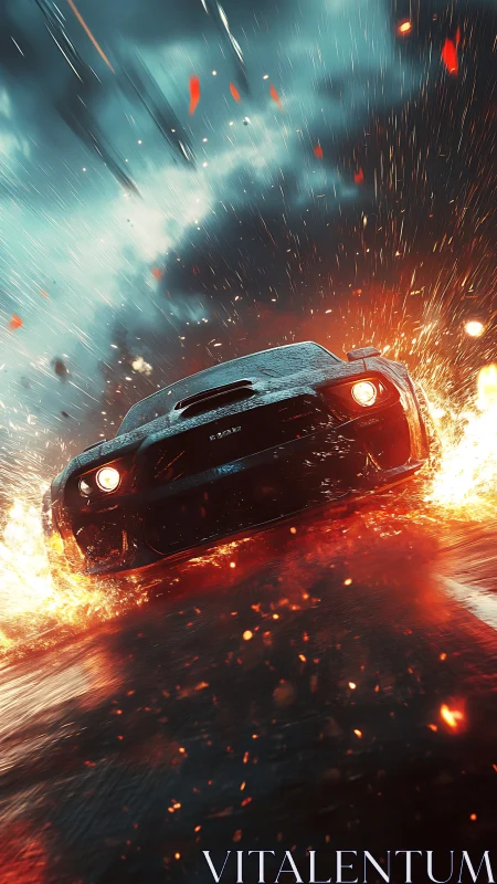 Muscle car drifting through cinematic firestorm at night.