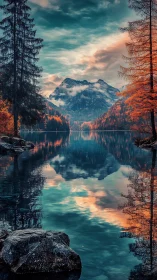 Autumn alpine lake reflection with snowcapped peak and teal sky.