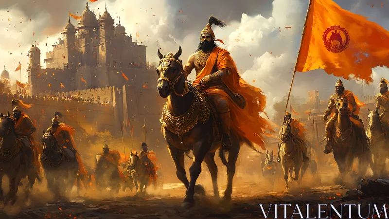 Warrior king leads a blazing cavalry charge before fortress walls