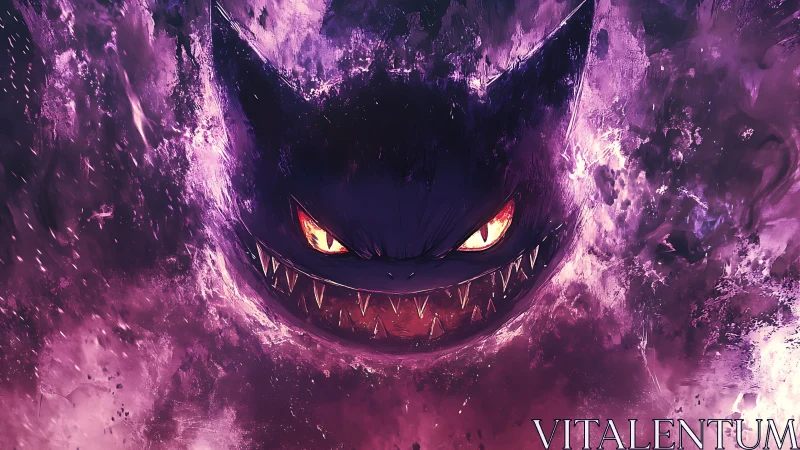 Malevolent spectral cat face emerging from violet storm clouds.