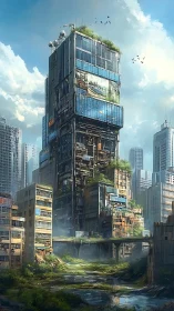 Vertical slum megastructure with emergent rooftop ecology and decay
