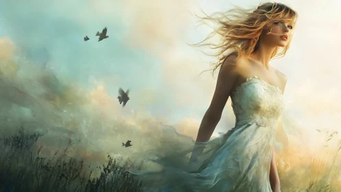 Windblown bridal figure in painterly dusk fieldscape
