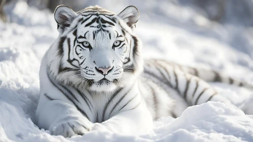 White tiger resting in sunlit snow, intense icy gaze poised.