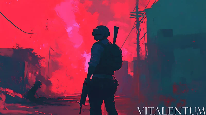 Armed figure stands in neon-lit urban alley under dense smoke