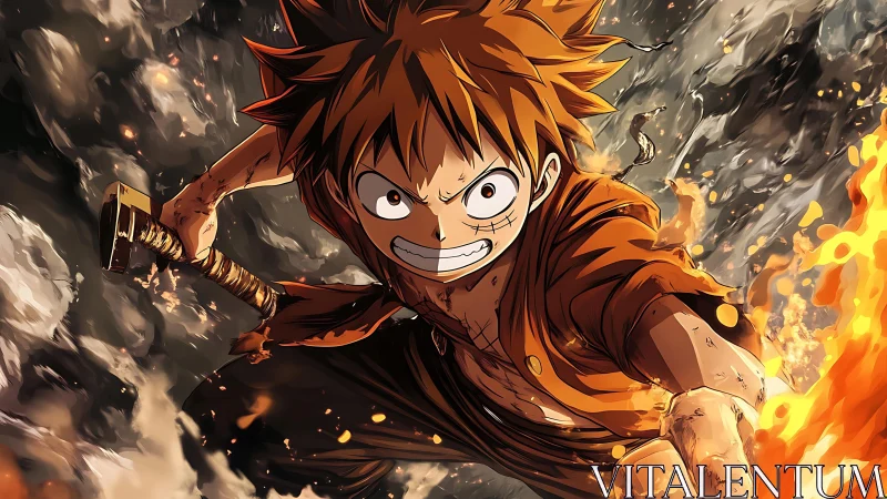 Fiery anime warrior lunges through shattering smoke and flame.