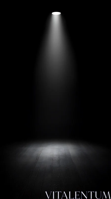 Isolated spotlight cone on dark textured wooden stage.