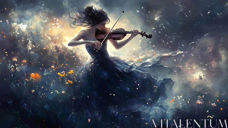 Woman plays violin in swirling, luminous night landscape
