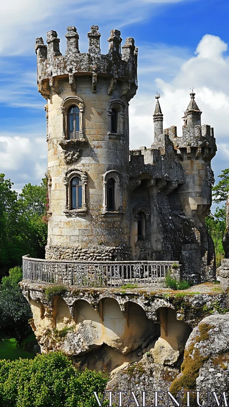 Medieval stone turreted tower on rocky cliffside balcony