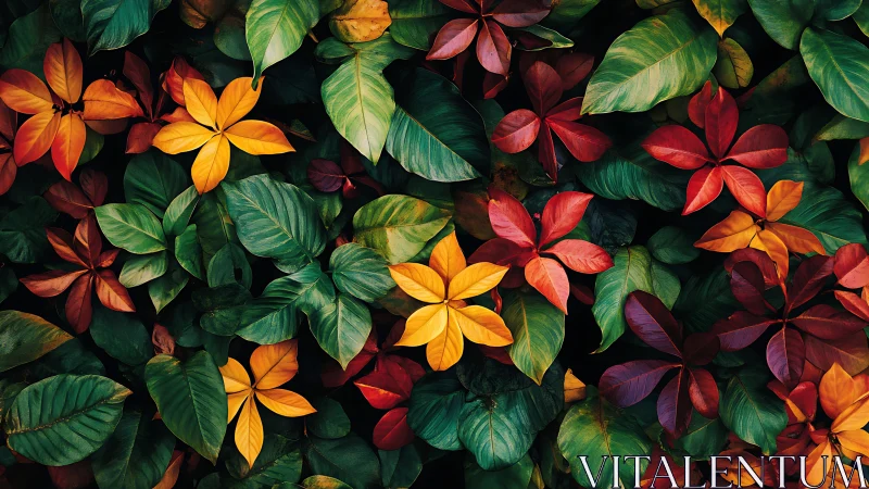 Multicolored tropical foliage pattern with vivid seasonal hues.