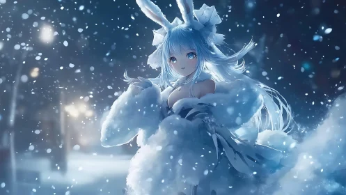 Snowy anime bunny girl in glowing winter nightscape.