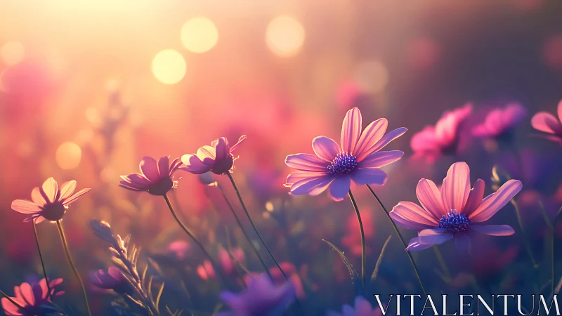 Luminescent Daisy Field in Bokeh Golden Hour Light.