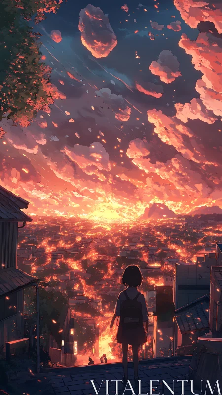 Sunlit city glows beneath a girl’s quiet sunset watch
