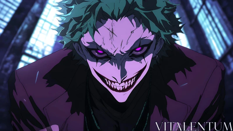 Anime villain close-up with neon-lit asymmetric chiaroscuro focus.