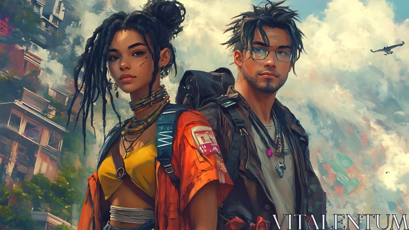 Young urban explorers stand before vertical cityscape