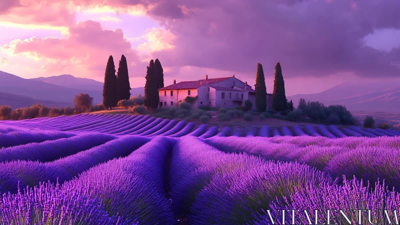 Sunset light sculpts lavender terraces around rustic farmhouse