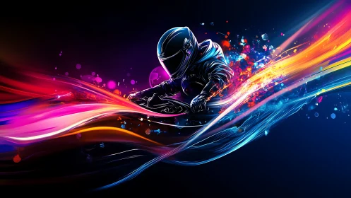 Neon motorcycle rider cuts through dynamic chromatic light streams