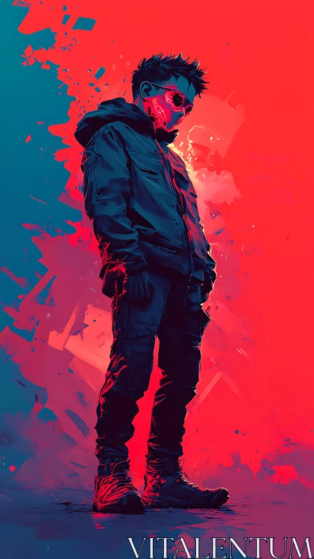 Neon-lit cyberpunk figure stands in fragmented duotone field