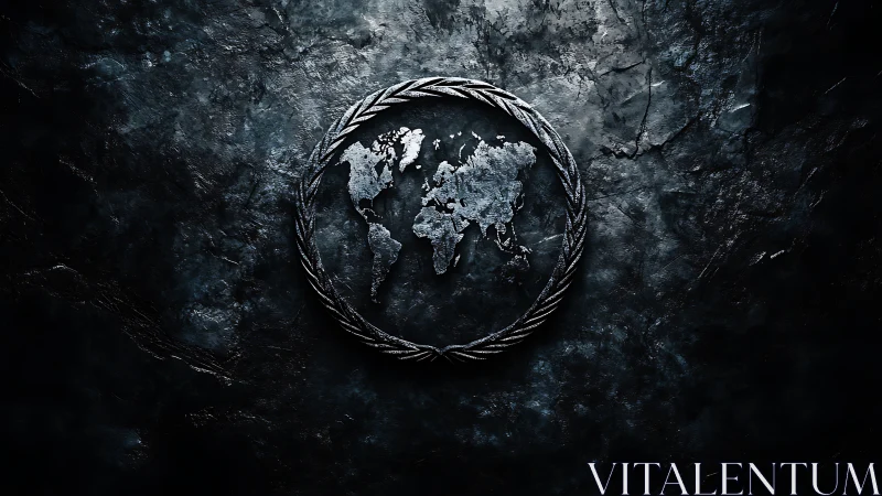 Embossed metallic world map emblem on dark textured stone surface