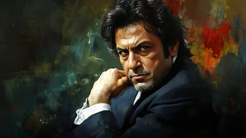 Brooding gentleman burns through a storm of painted fire.