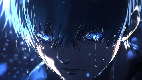 Blue-lit anime portrait captures rain-soaked, intense gaze