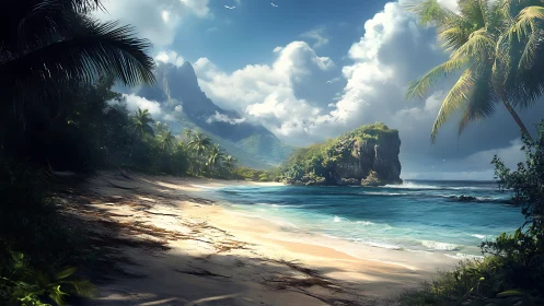 Tropical Beach Paradise With Towering Rock Formation.