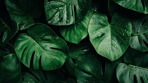 Monstera leaves with rain droplets in deep emerald tones.