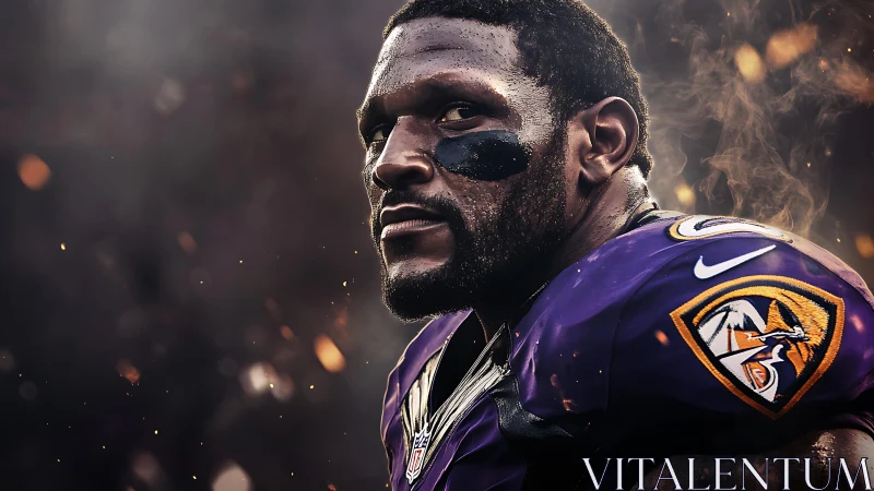 Intense football defender in purple uniform amid sparks.