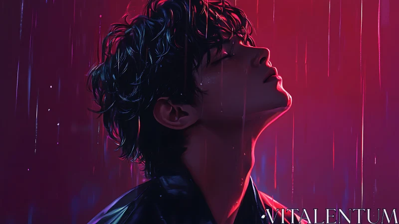 Chromatic rain portrait with neon edge lighting in profile.