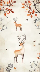 Autumn deer illustration with falling leaves and butterflies.