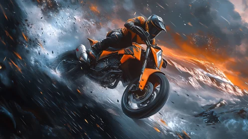 Motorcyclist on orange bike crossing dynamic icy terrain.