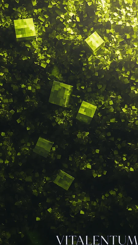 Luminous voxel cubes descend through dense emerald particle field